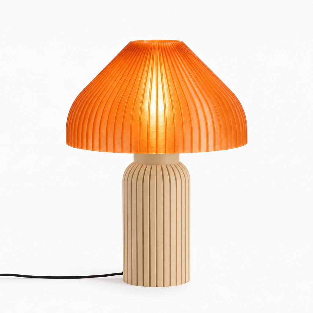 Chanterelle mushroom lamp with Beige base and Supernova Orange shade