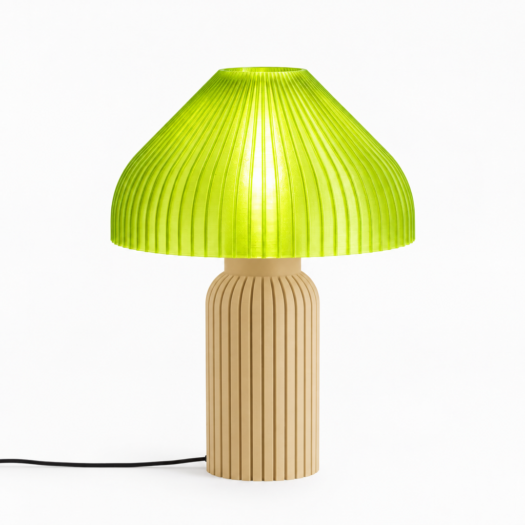 Chanterelle mushroom lamp with Beige base and Radioactive Lime shade