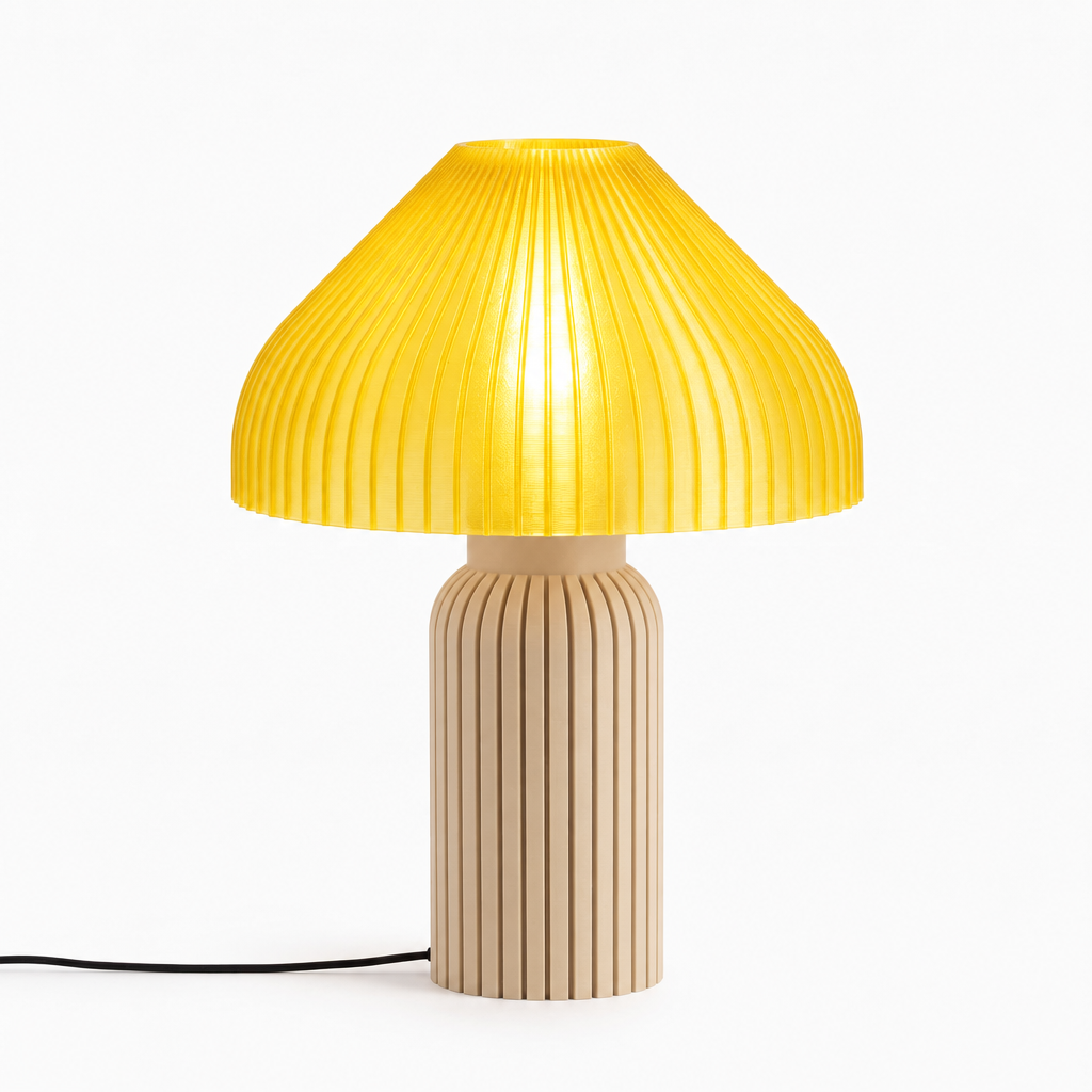 Chanterelle mushroom lamp with Beige base and Solar Flare Yellow shade