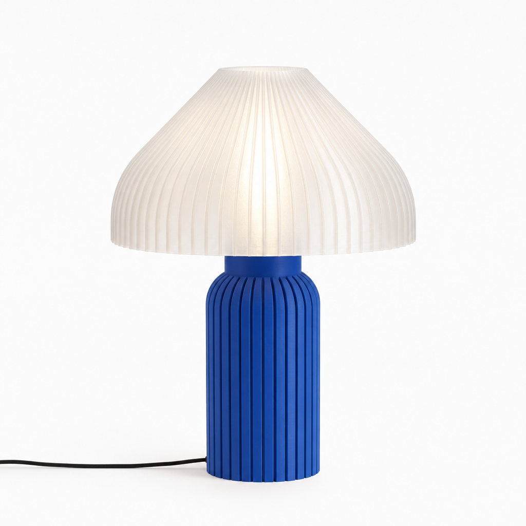 Chanterelle mushroom lamp with Blue base and White shade