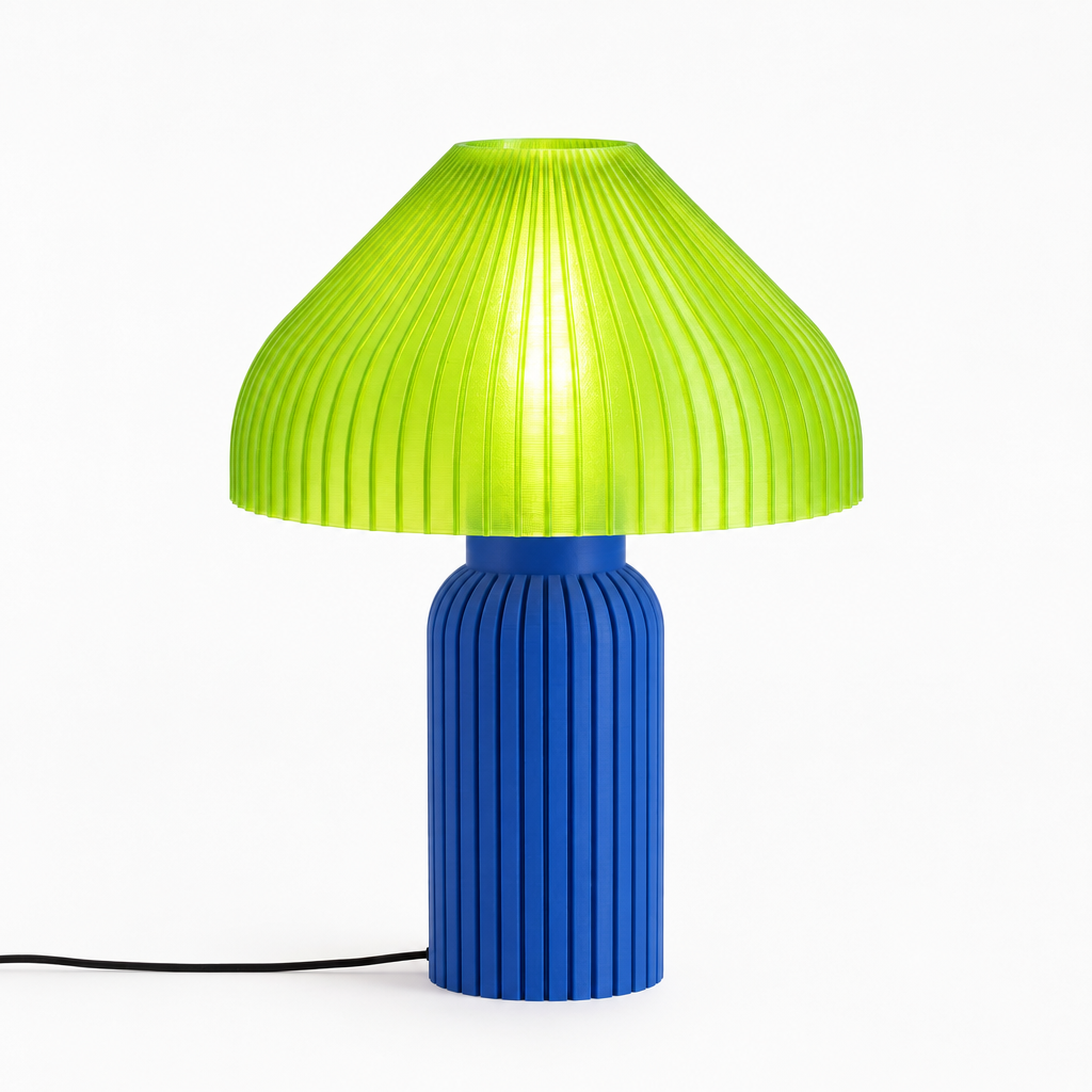 Chanterelle mushroom lamp with Blue base and Radioactive Lime shade