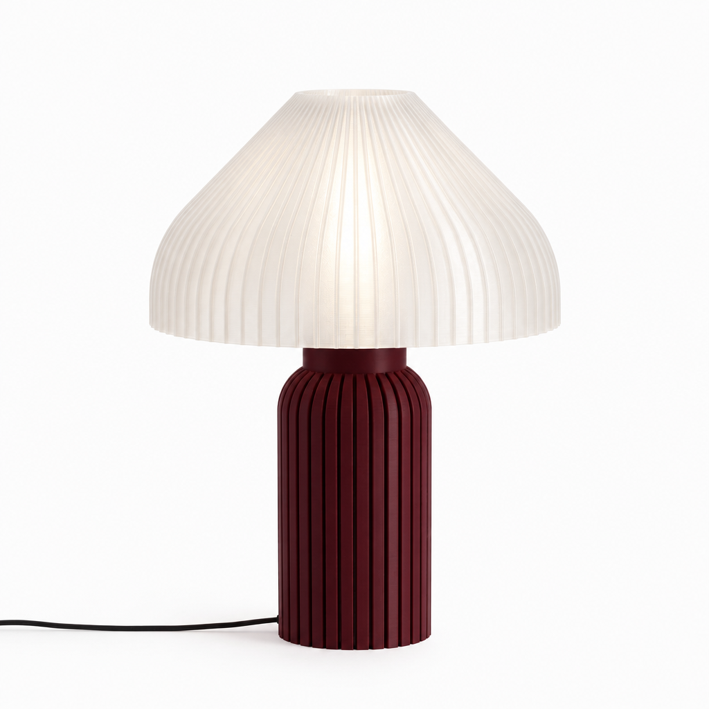 Chanterelle mushroom lamp with Black Cherry base and White shade