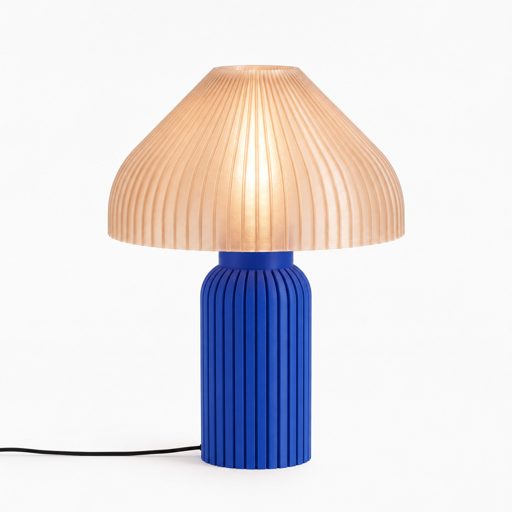 Chanterelle mushroom lamp with Blue base and Stardust Champagne shade