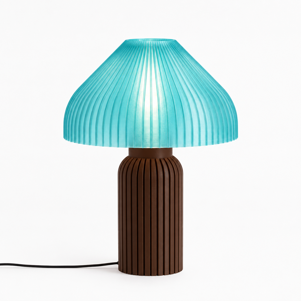 Chanterelle mushroom lamp with Dark Brown base and Astro Aqua shade