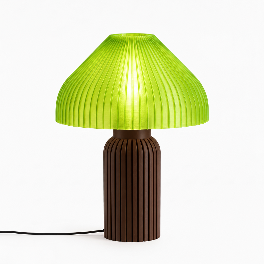 Chanterelle mushroom lamp with Dark Brown base and Radioactive Lime shade