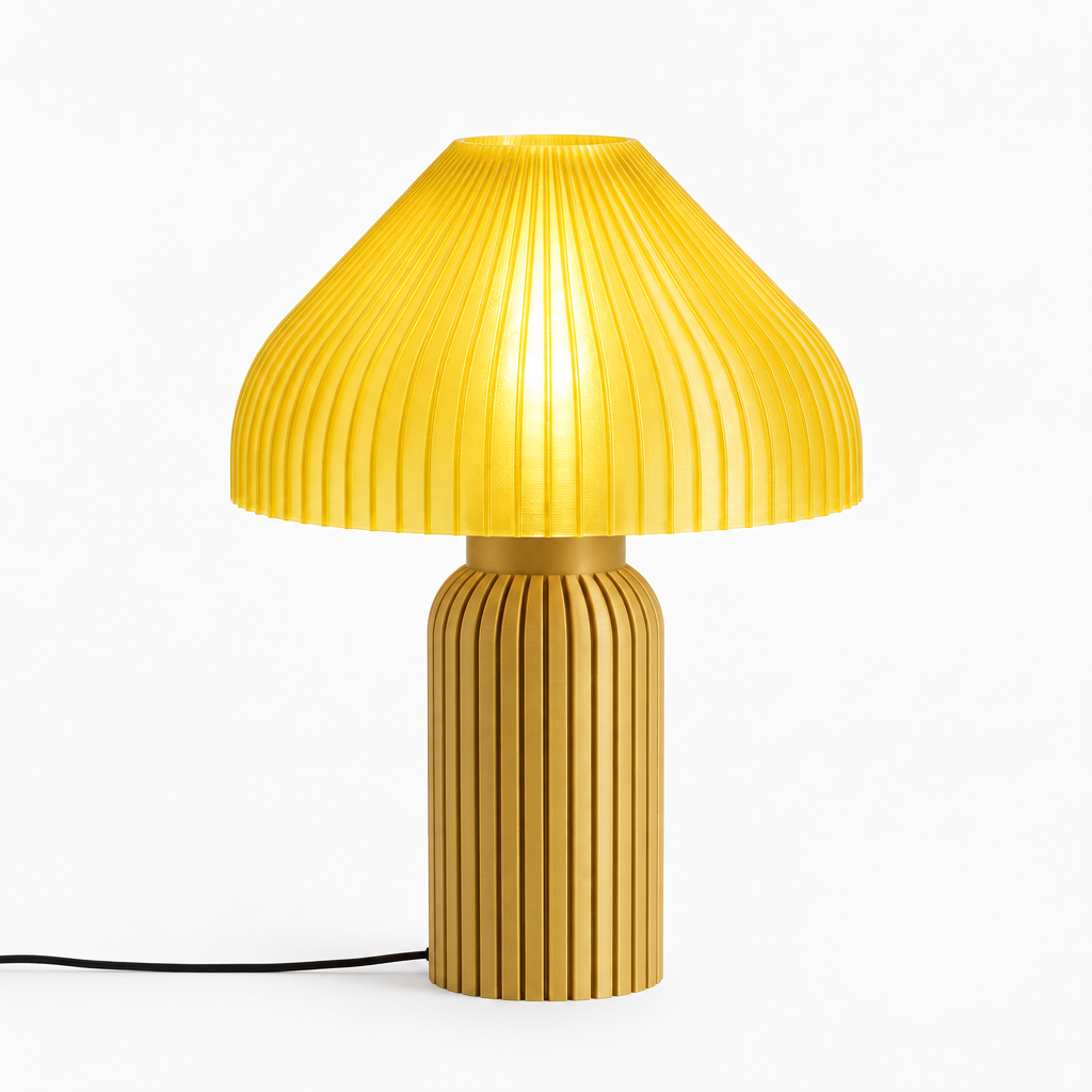 Chanterelle mushroom lamp with Gold base and Solar Flare Yellow shade