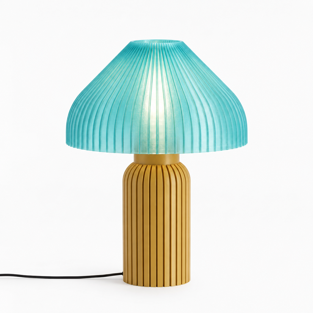 Chanterelle mushroom lamp with Gold base and Astro Aqua shade