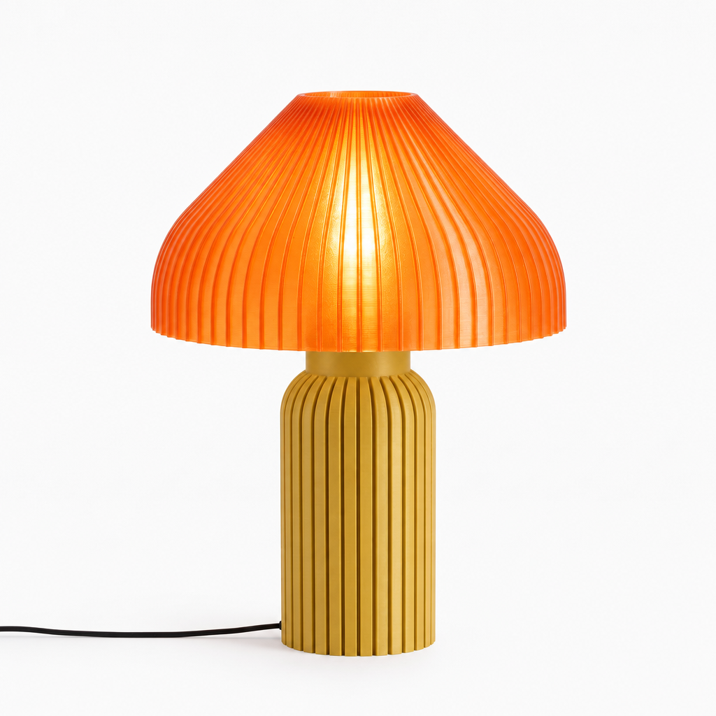 Chanterelle mushroom lamp with Gold base and Supernova Orange shade