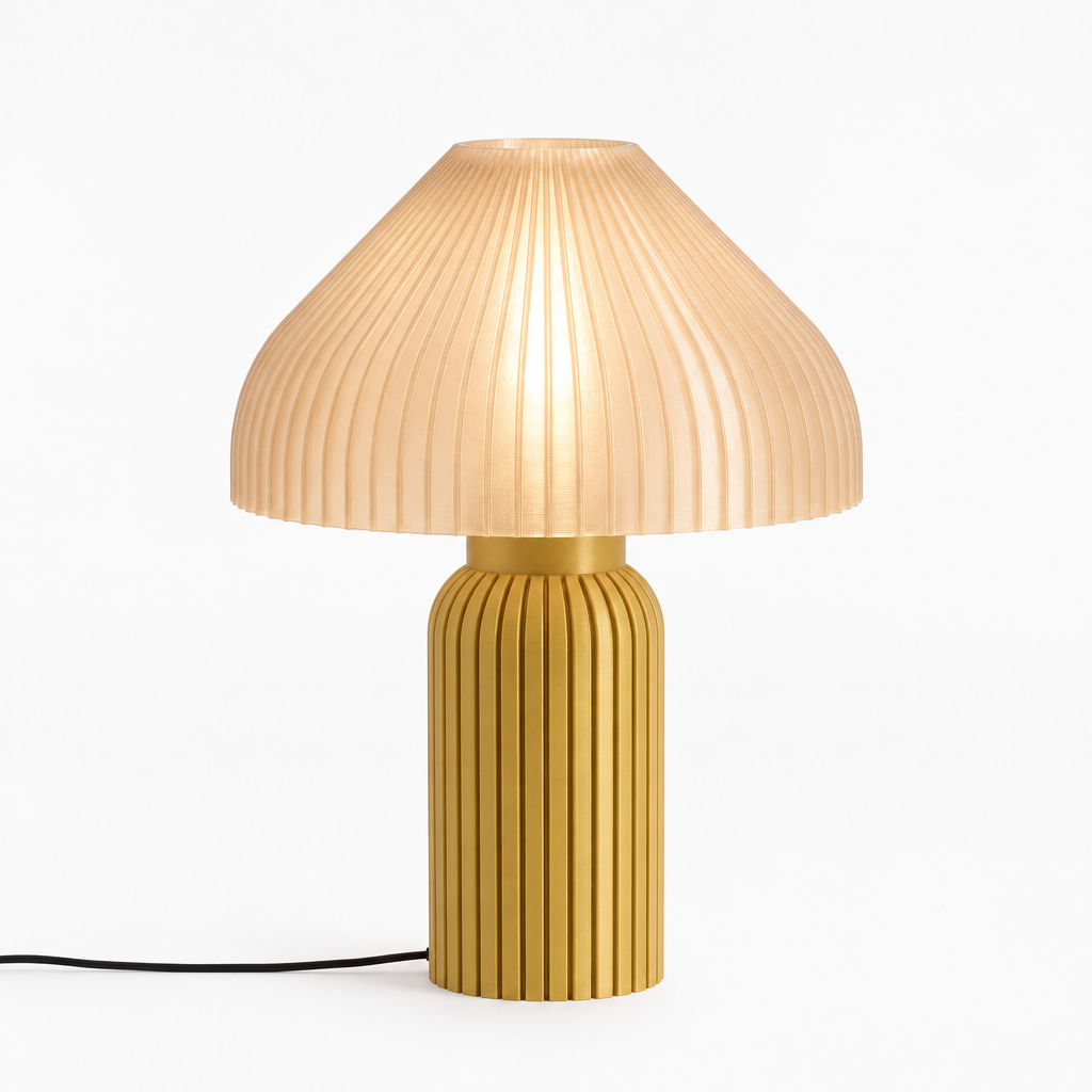 Chanterelle mushroom lamp with Gold base and Stardust Champagne shade