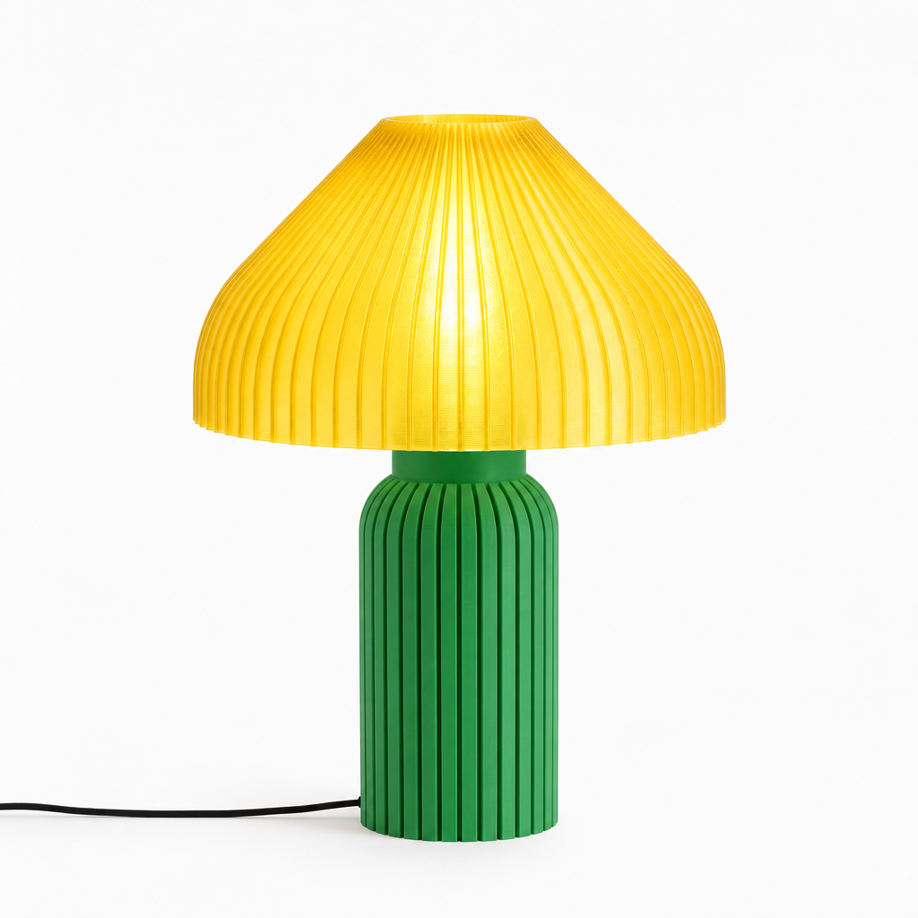 Chanterelle mushroom lamp with Green base and Solar Flare Yellow shade