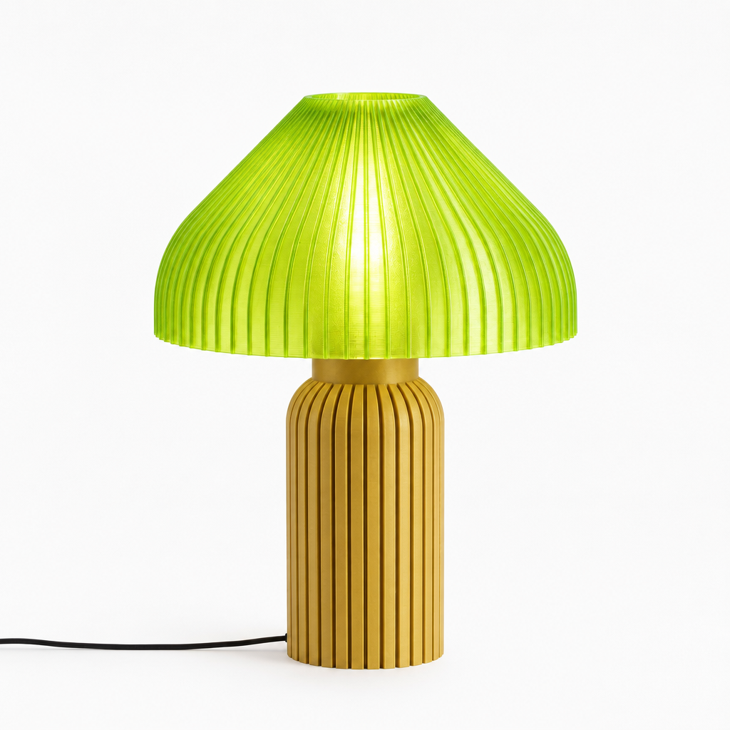 Chanterelle mushroom lamp with Gold base and Radioactive Lime shade