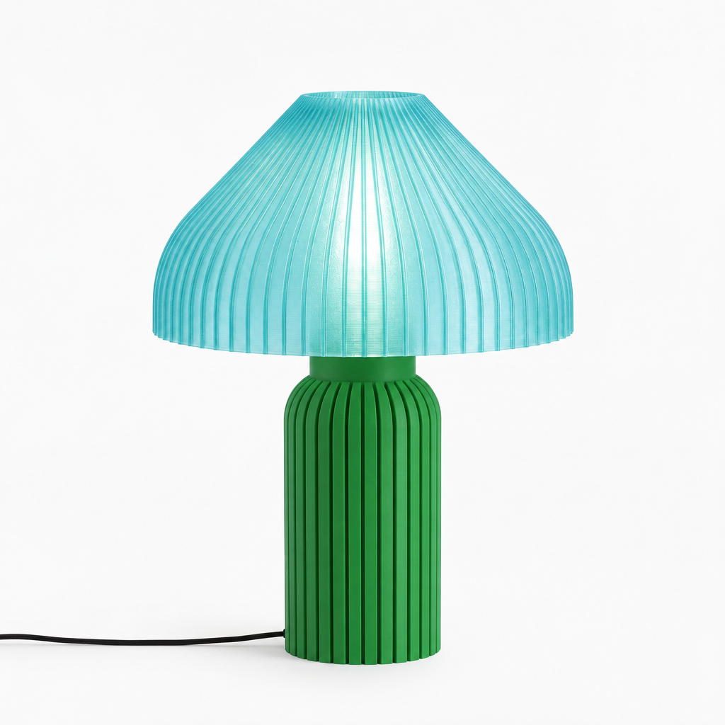 Chanterelle mushroom lamp with Green base and Astro Aqua shade