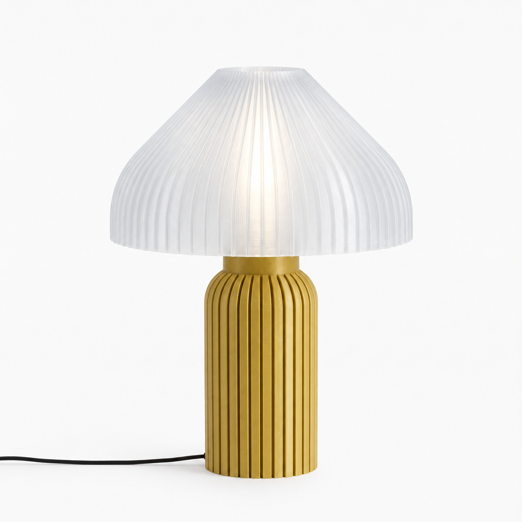 Chanterelle mushroom lamp with Gold base and Lunar Clear Frost shade