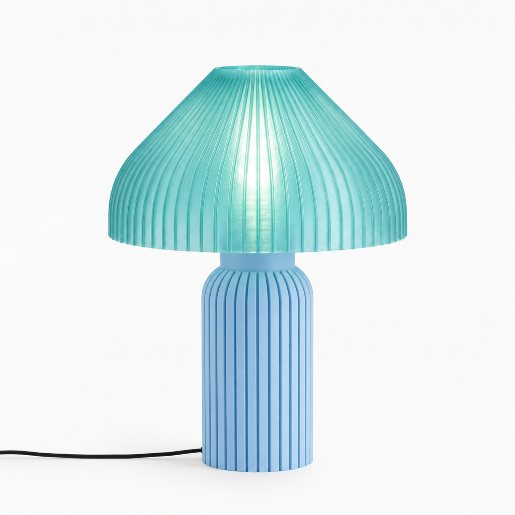 Chanterelle mushroom lamp with Light Blue base and Astro Aqua shade