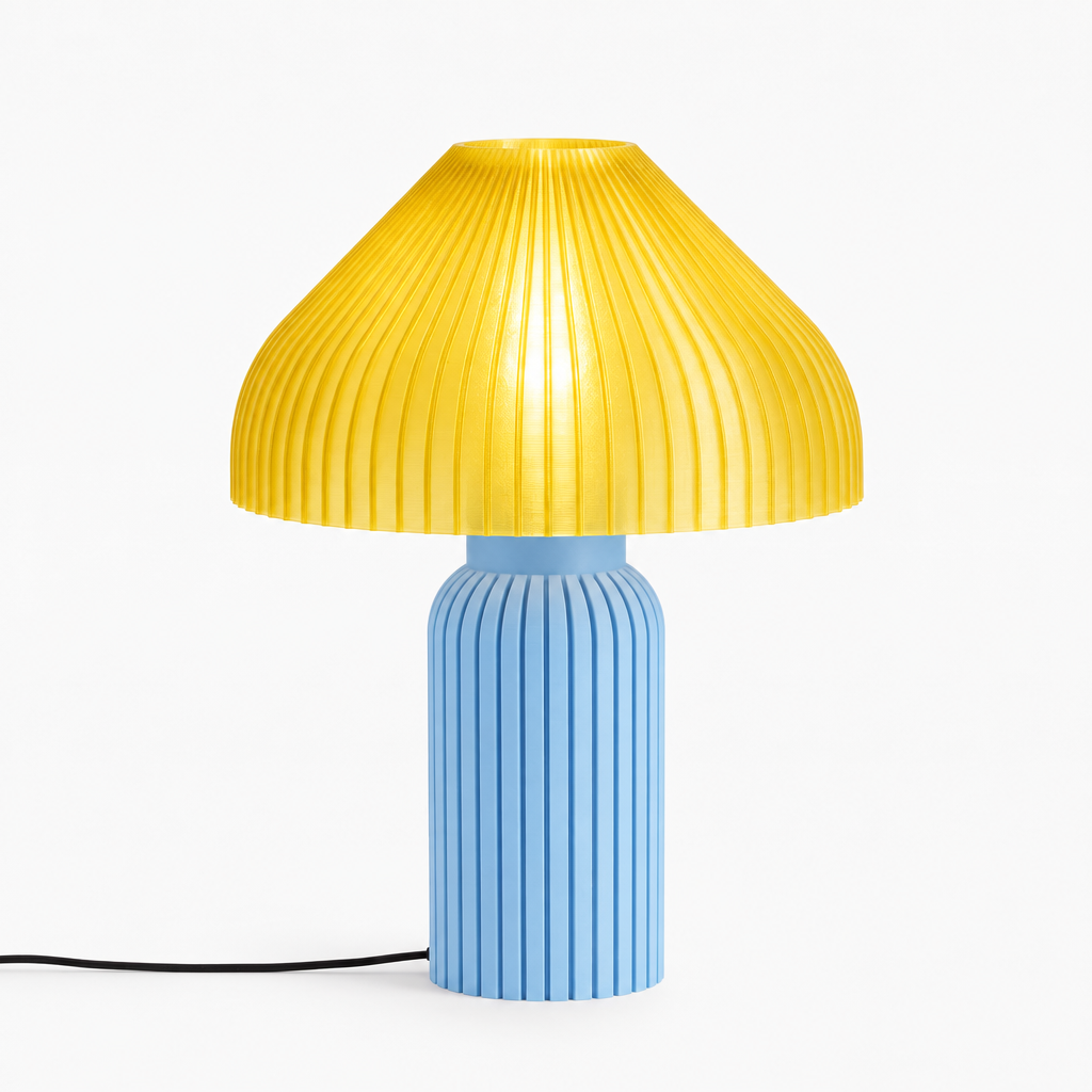 Chanterelle mushroom lamp with Light Blue base and Solar Flare Yellow shade