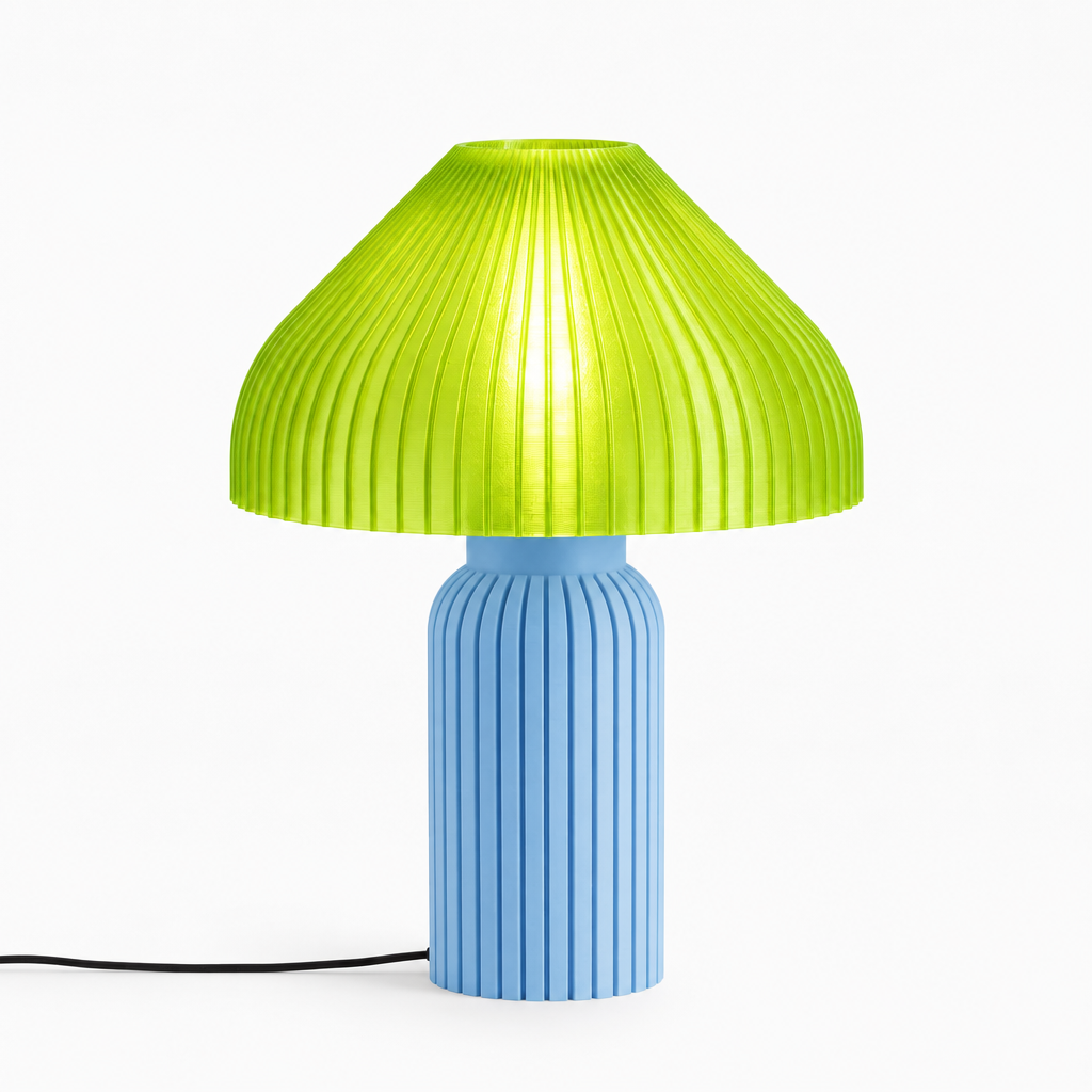 Chanterelle mushroom lamp with Light Blue base and Radioactive Lime shade
