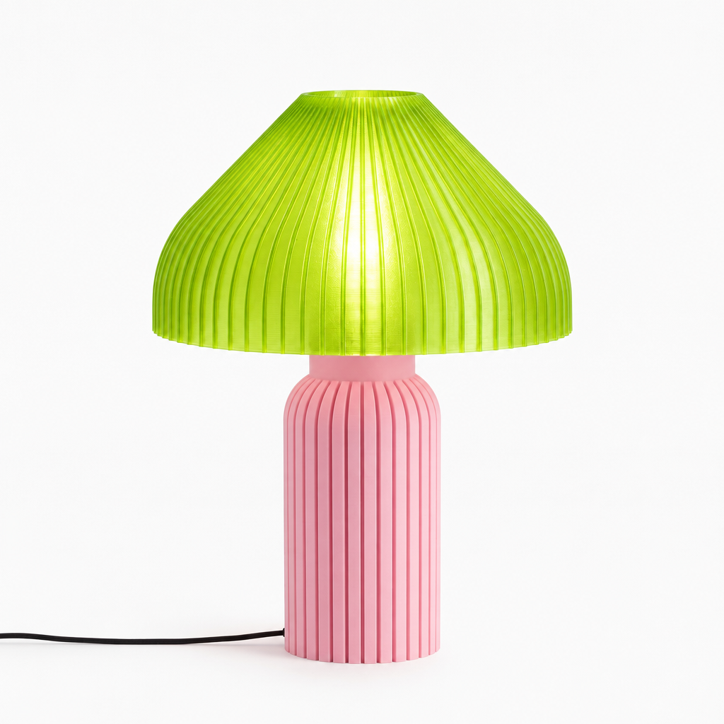 Chanterelle mushroom lamp with Pink base and Radioactive Lime shade