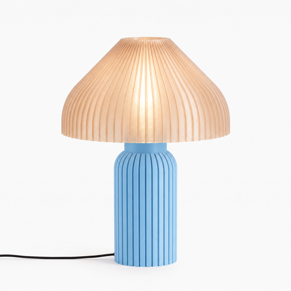Chanterelle mushroom lamp with Light Blue base and Stardust Champagne shade