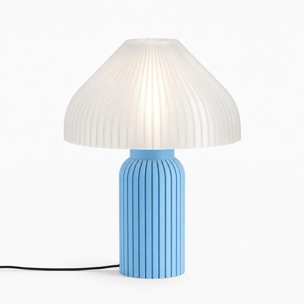 Chanterelle mushroom lamp with Light Blue base and White shade