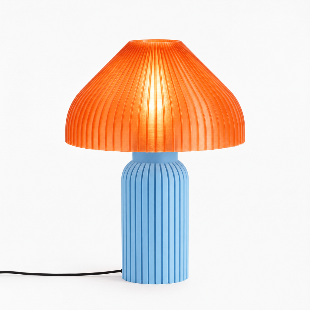 Chanterelle mushroom lamp with Light Blue base and Supernova Orange shade