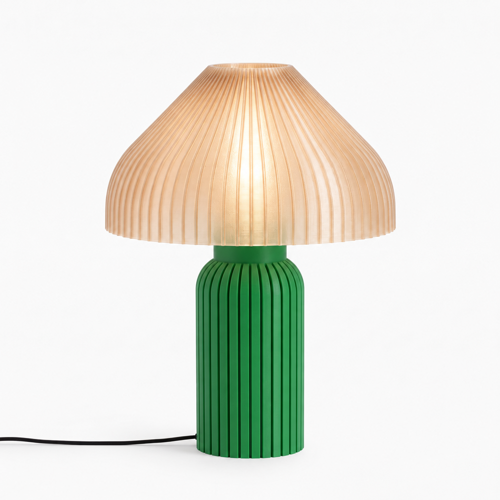 Chanterelle mushroom lamp with Green base and Stardust Champagne shade