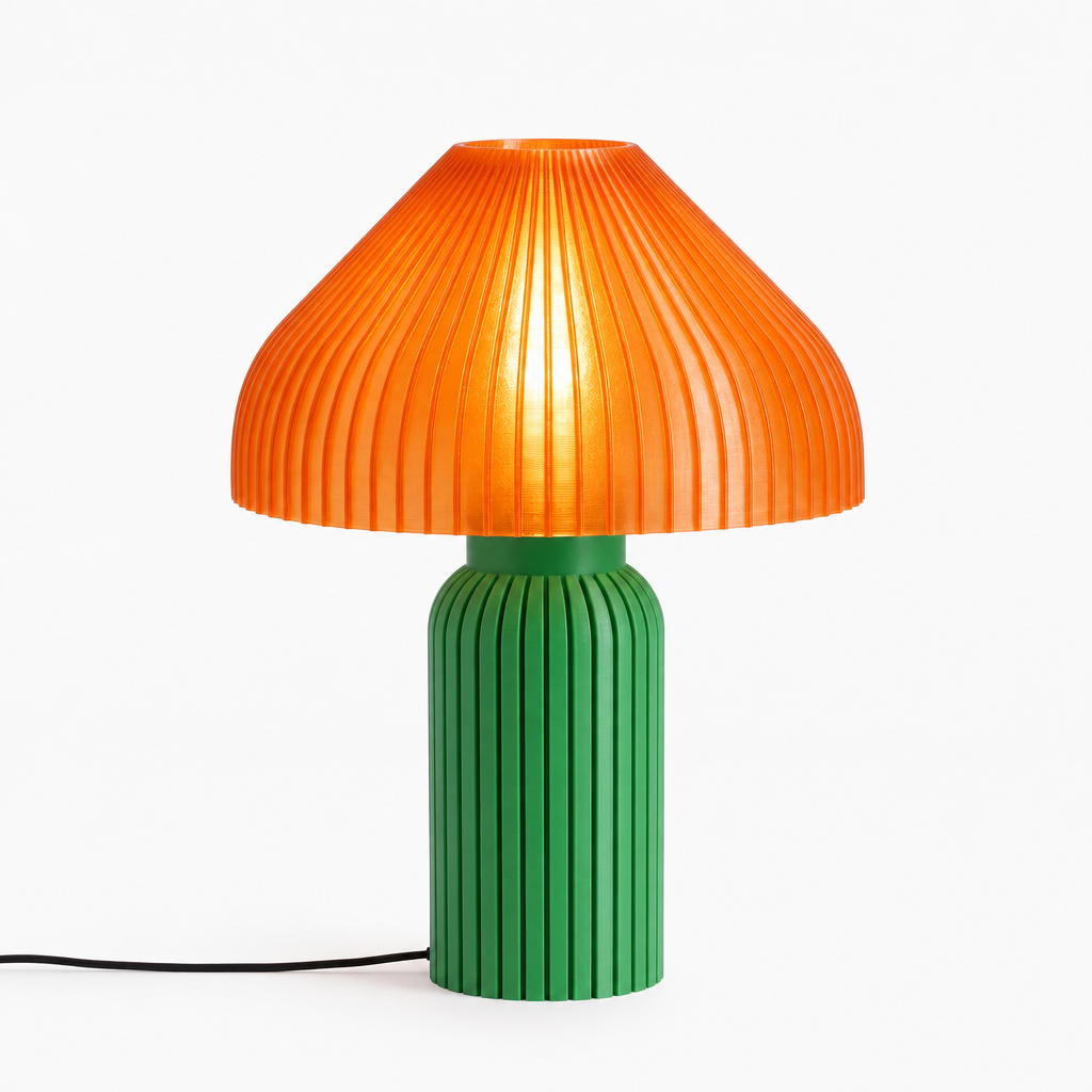 Chanterelle mushroom lamp with Green base and Supernova Orange shade