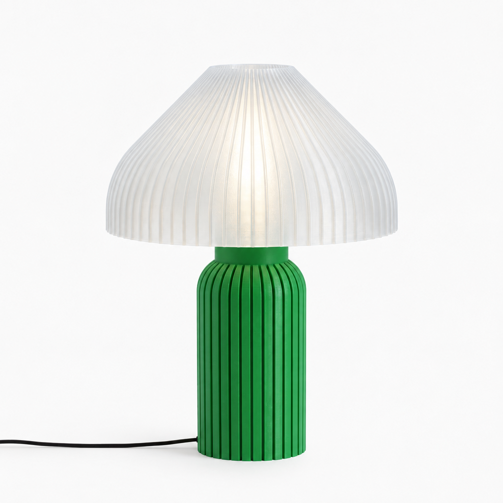 Chanterelle mushroom lamp with Green base and Lunar Clear Frost shade