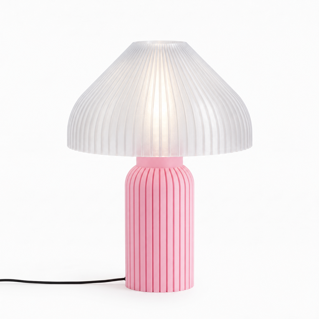 Chanterelle mushroom lamp with Pink base and Lunar Clear Frost shade