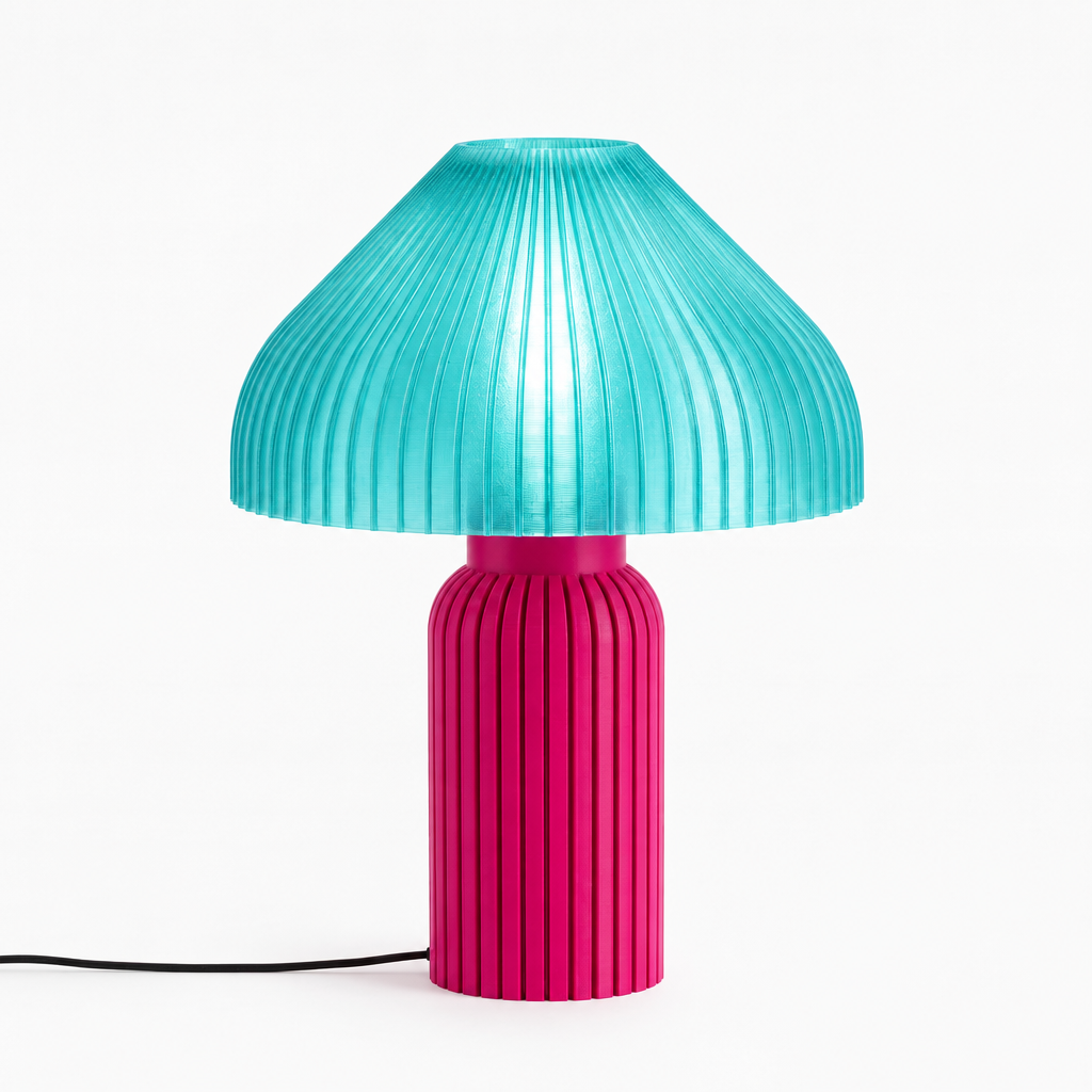 Chanterelle mushroom lamp with Magenta base and Astro Aqua shade