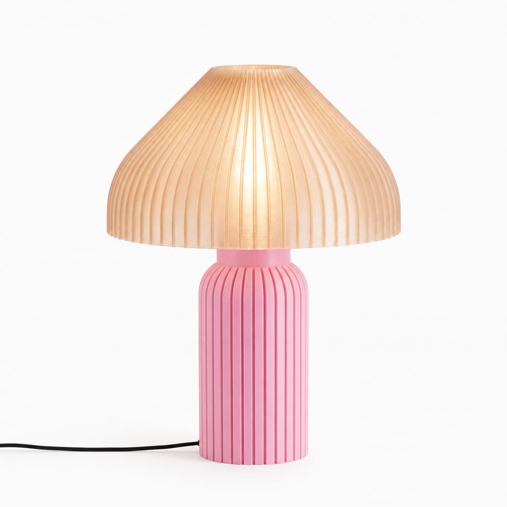 Chanterelle mushroom lamp with Pink base and Stardust Champagne shade