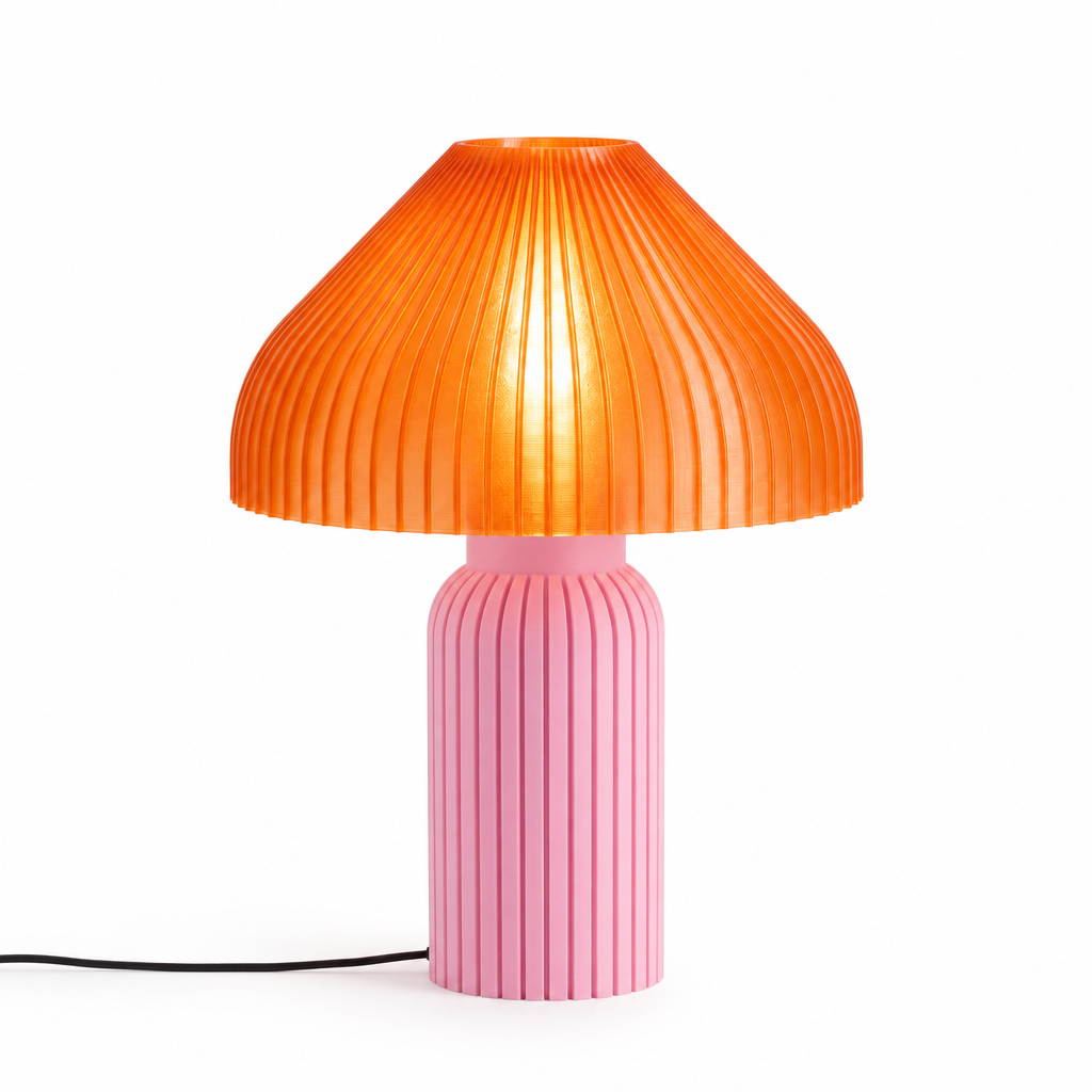 Chanterelle mushroom lamp with Pink base and Supernova Orange shade