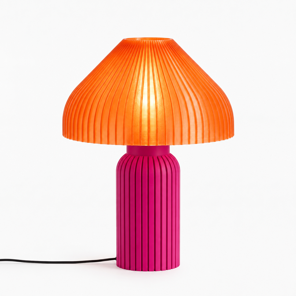 Chanterelle mushroom lamp with Magenta base and Supernova Orange shade
