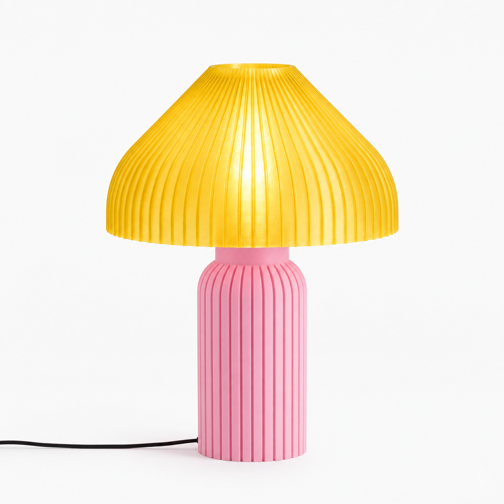 Chanterelle mushroom lamp with Pink base and Solar Flare Yellow shade