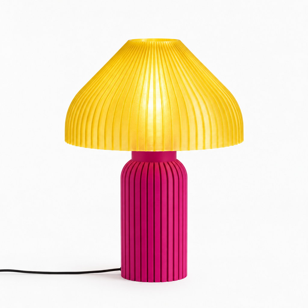 Chanterelle mushroom lamp with Magenta base and Solar Flare Yellow shade
