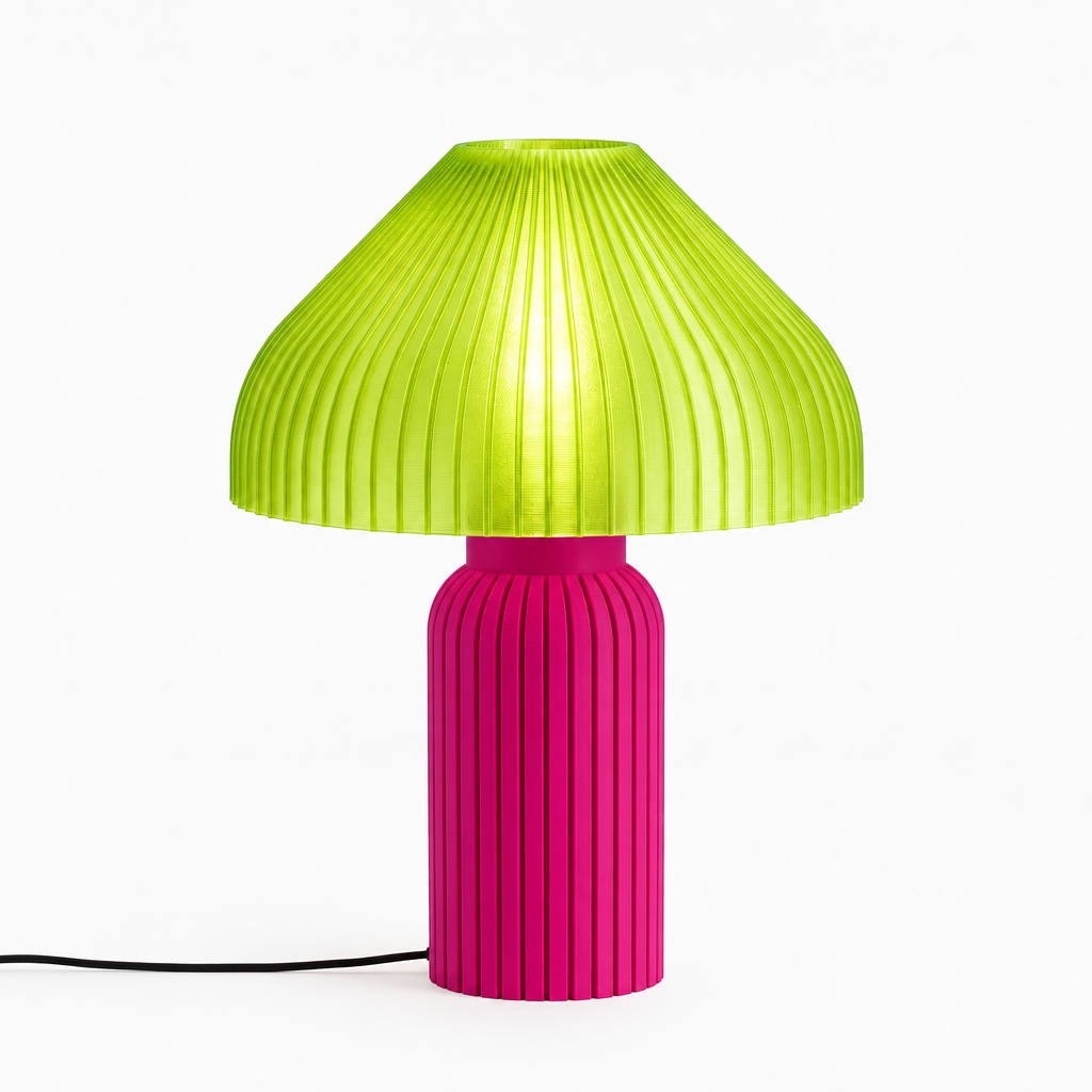 Chanterelle mushroom lamp with Magenta base and Radioactive Lime shade
