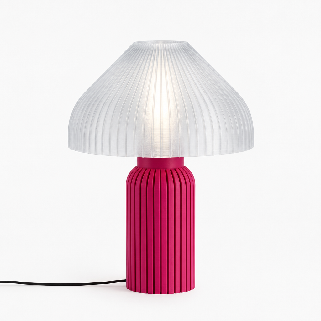Chanterelle mushroom lamp with Magenta base and Lunar Clear Frost shade