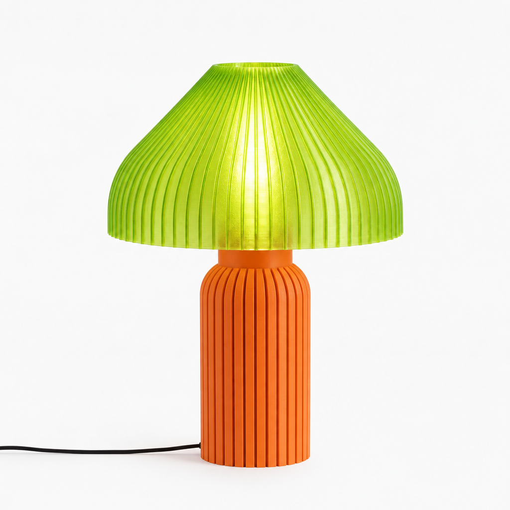 Chanterelle mushroom lamp with Orange base and Radioactive Lime shade