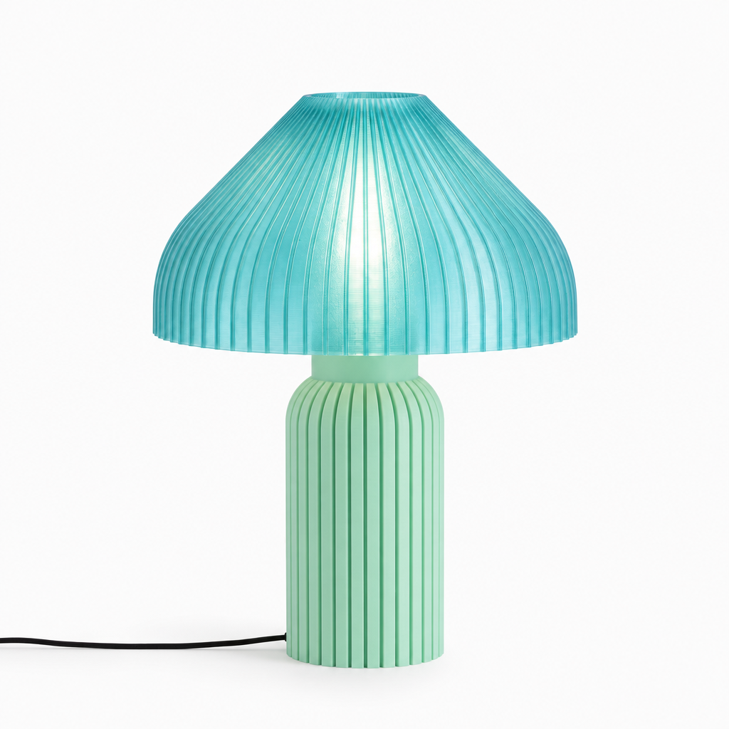 Chanterelle mushroom lamp with Mint base and Astro Aqua shade