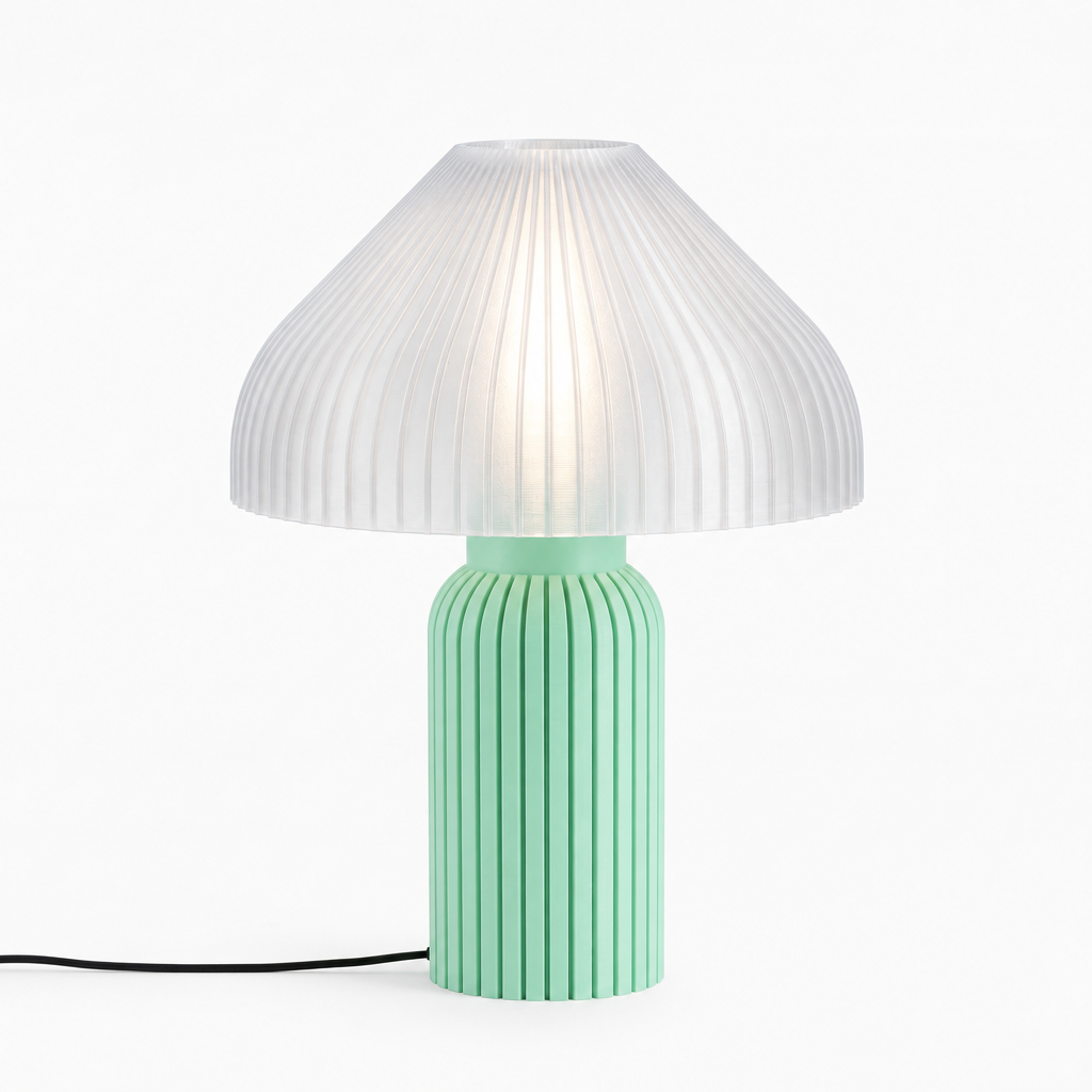 Chanterelle mushroom lamp with Mint base and Lunar Clear Frost shade