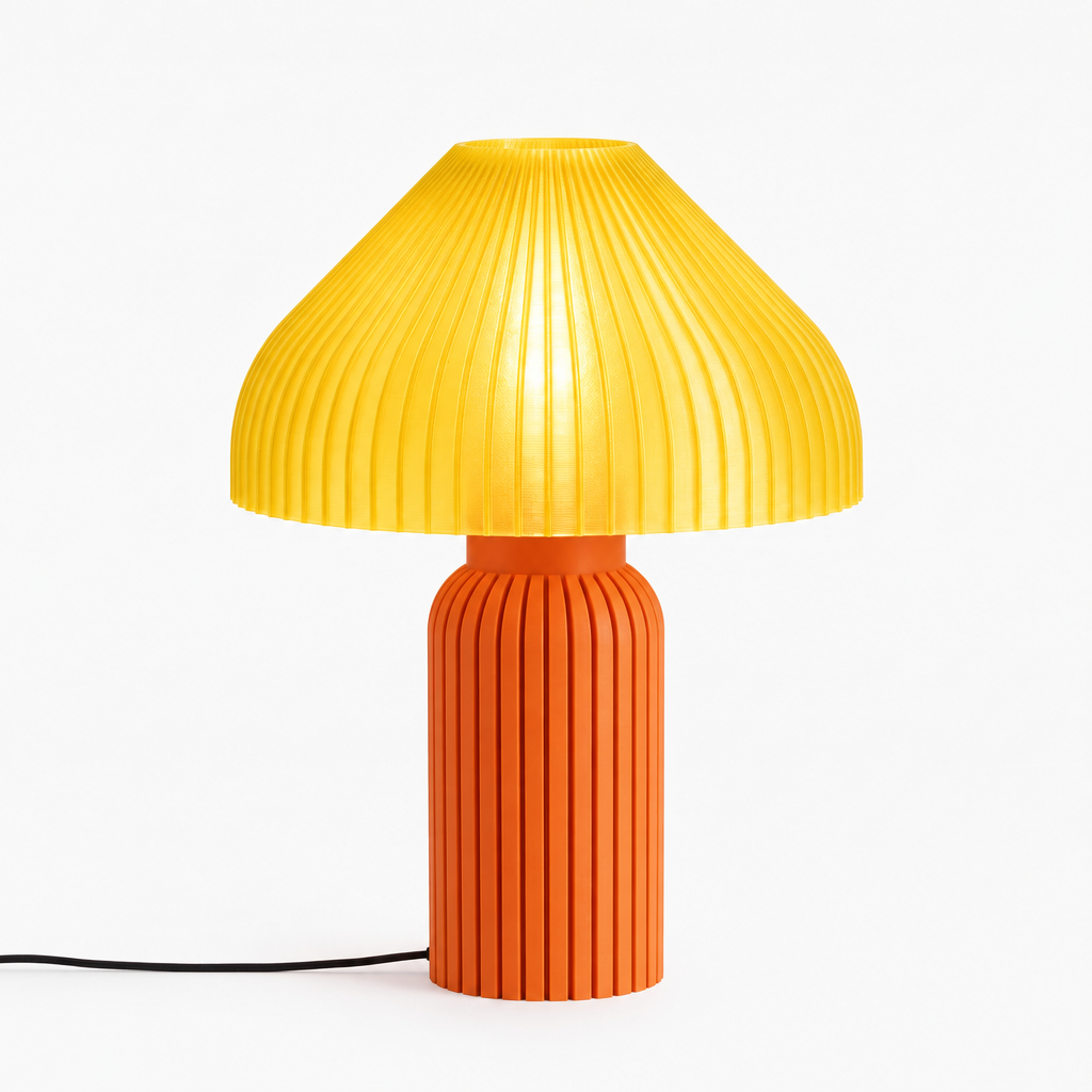 Chanterelle mushroom lamp with Orange base and Solar Flare Yellow shade