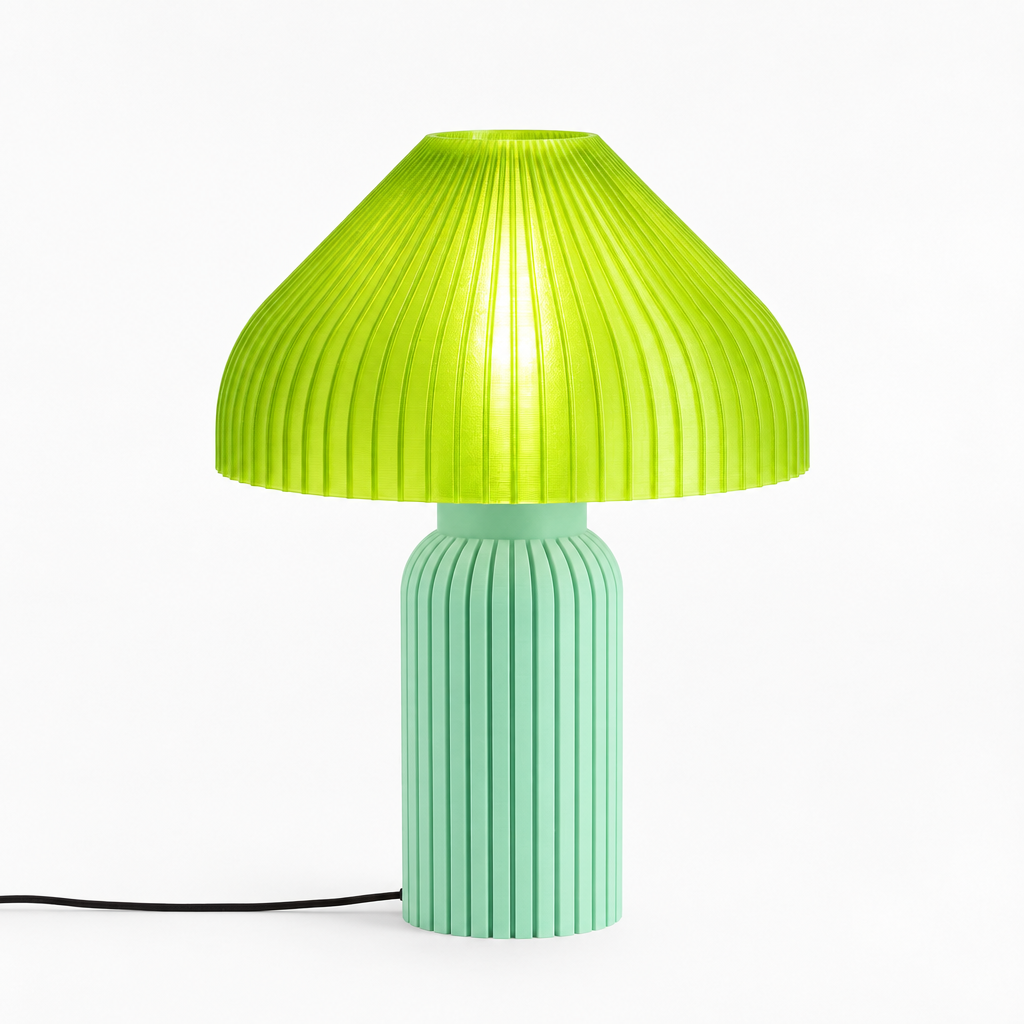 Chanterelle mushroom lamp with Mint base and Radioactive Lime shade