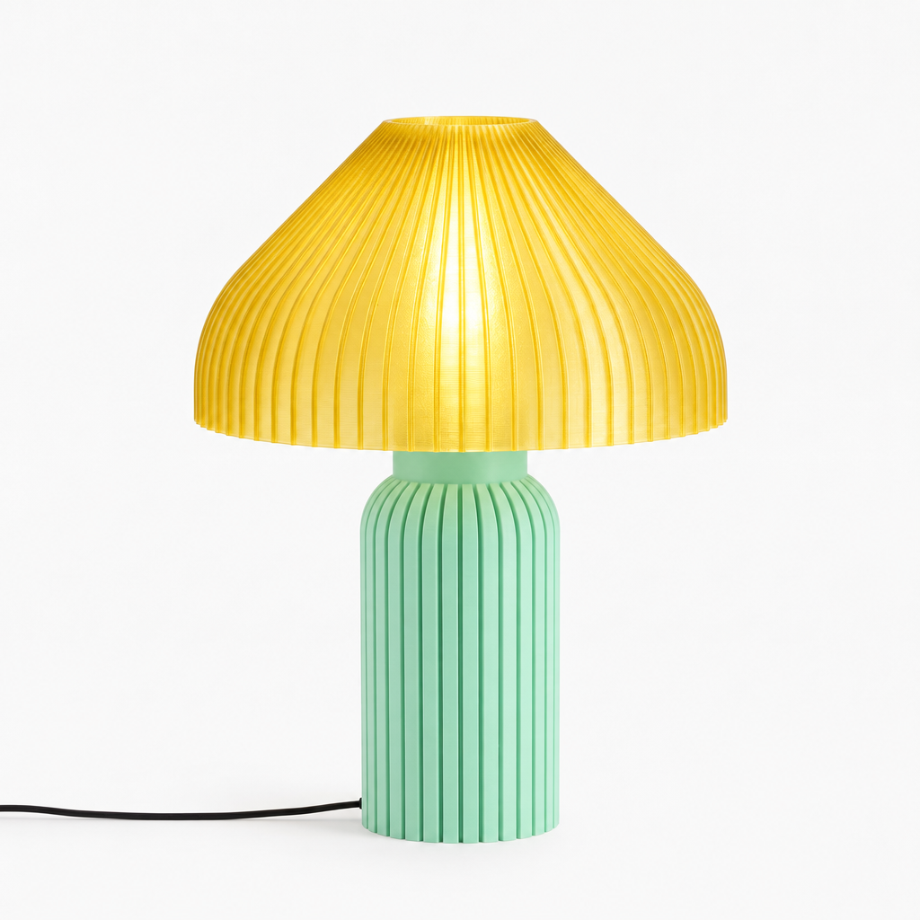 Chanterelle mushroom lamp with Mint base and Solar Flare Yellow shade