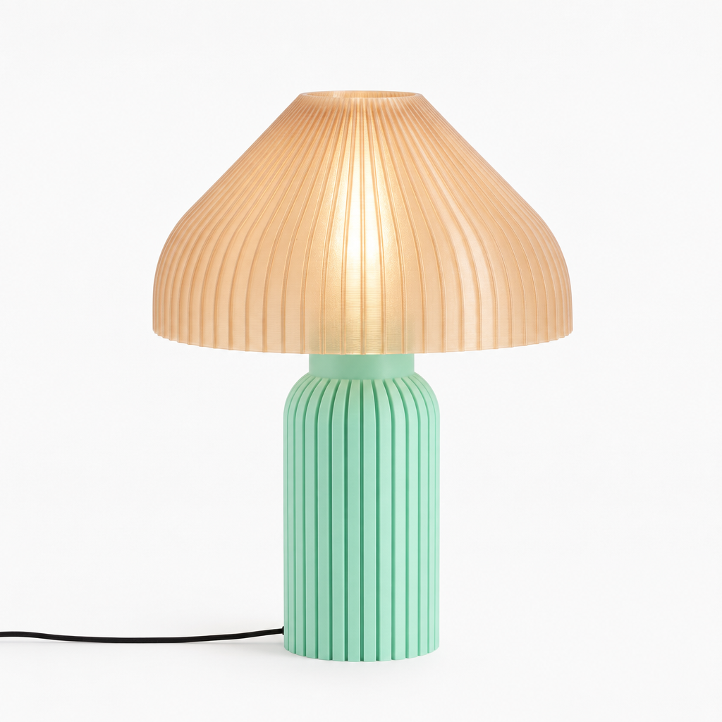 Chanterelle mushroom lamp with Mint base and Stardust Champagne shade