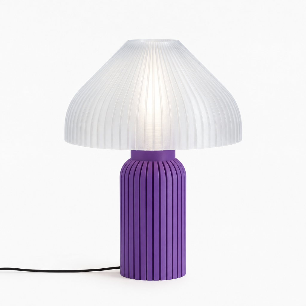 Chanterelle mushroom lamp with Purple base and Lunar Clear Frost shade