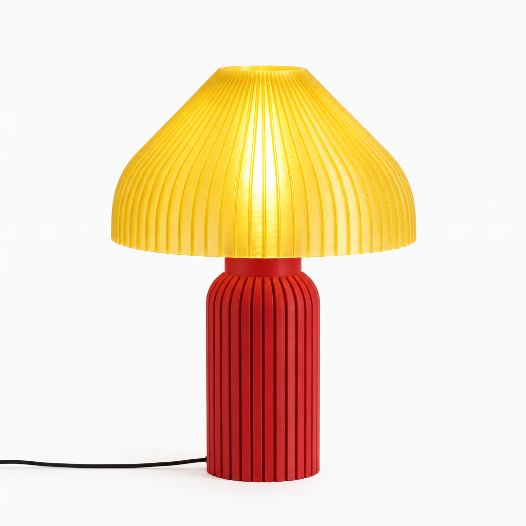 Chanterelle mushroom lamp with Red base and Solar Flare Yellow shade