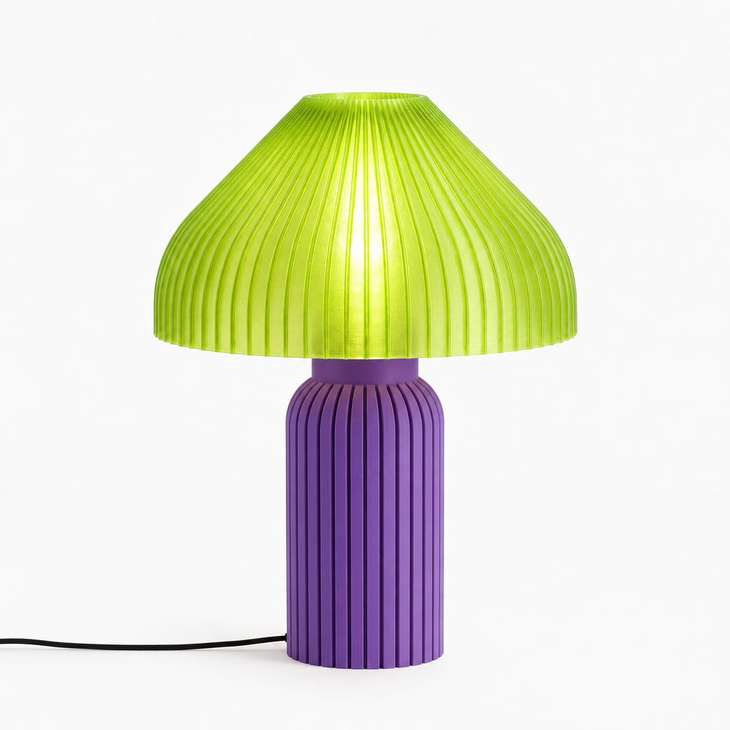 Chanterelle mushroom lamp with Purple base and Radioactive Lime shade