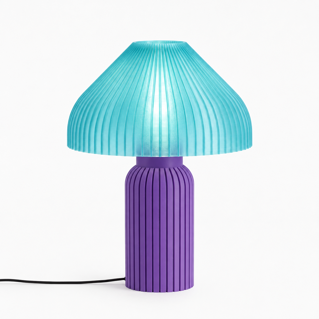 Chanterelle mushroom lamp with Purple base and Astro Aqua shade