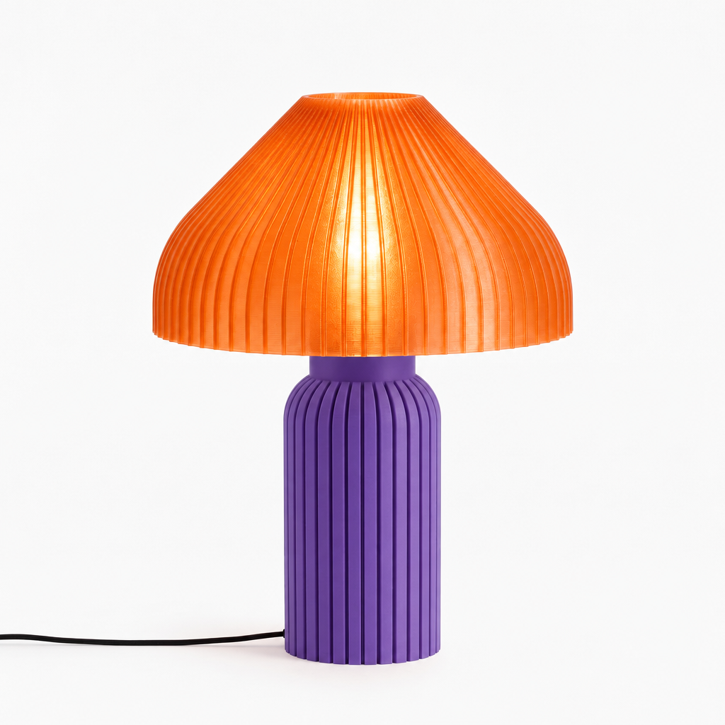 Chanterelle mushroom lamp with Purple base and Supernova Orange shade