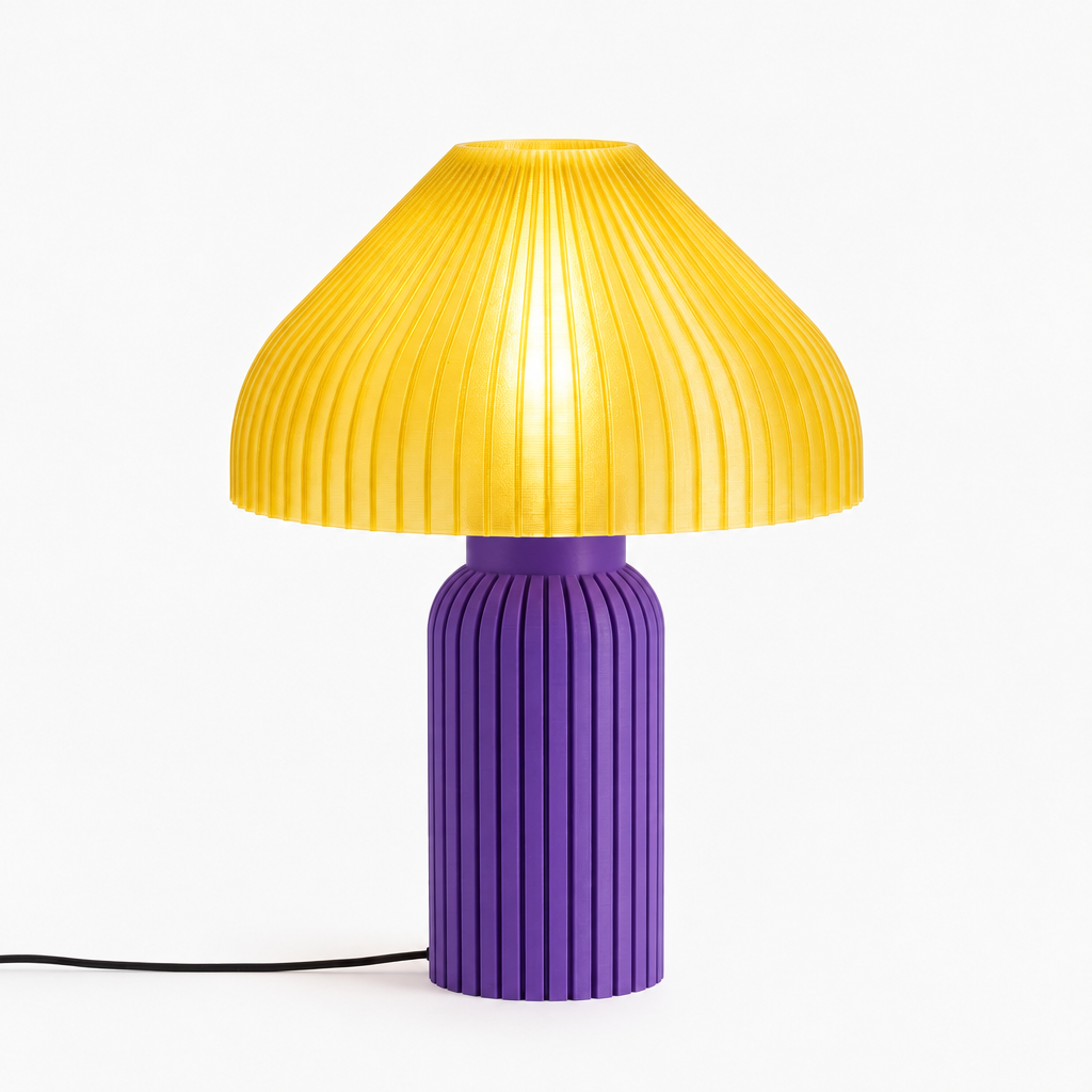 Chanterelle mushroom lamp with Purple base and Solar Flare Yellow shade