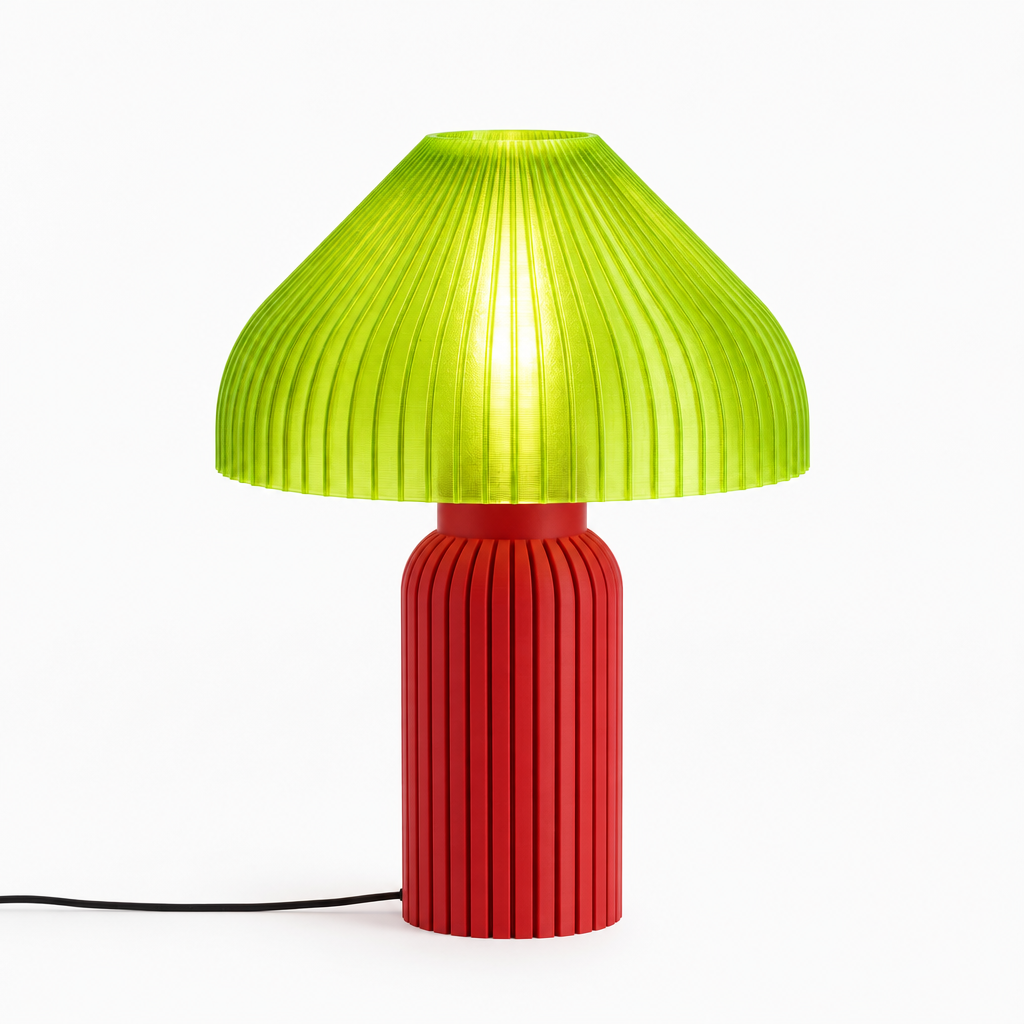 Chanterelle mushroom lamp with Red base and Radioactive Lime shade